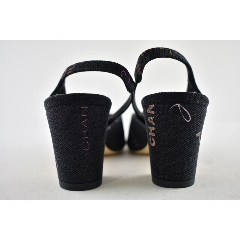 Chanel 22P Mademoiselle Coco Sling CC Black Grey Denim Slingback Sandal Heel 40 - Picture 11 of 12